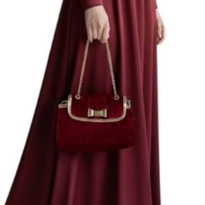 Olivia Miller Burgundy Red Velvet Quilted Chain Shoulder Bag Evening Clutch